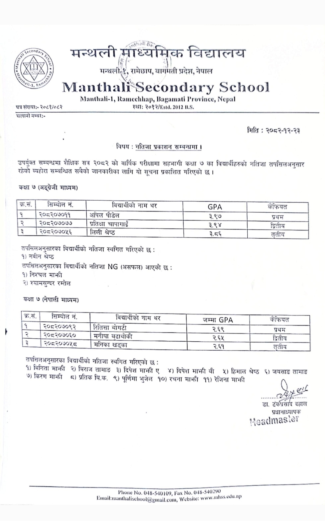 Final Terminal Examination Result 2082( Grade 6,7,9)
